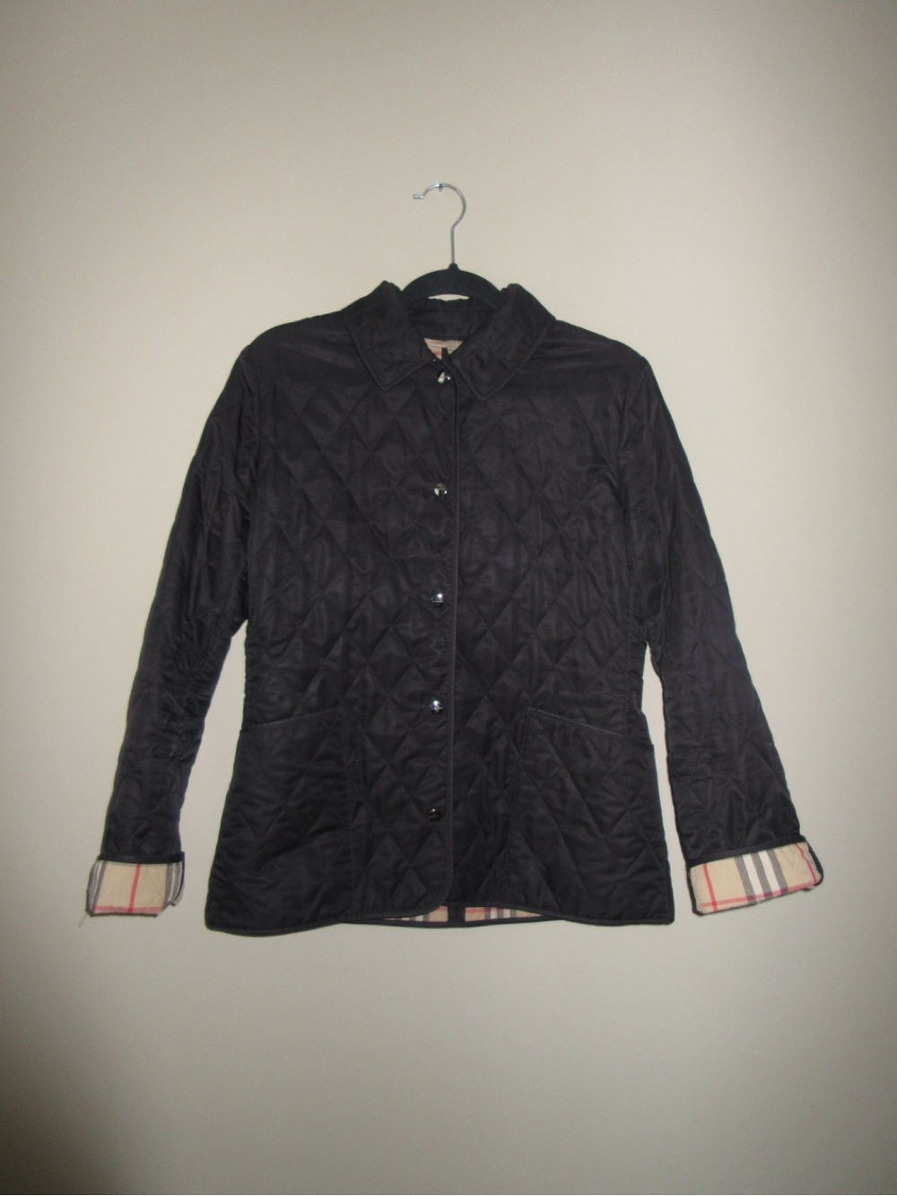 Burberry Black Quilted Button-Up Jacket with Check Trim